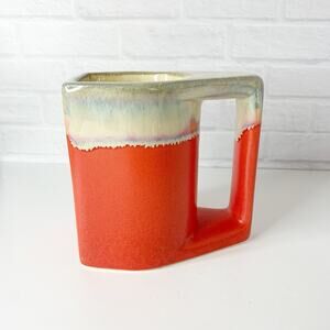 Drip Glazed Stoneware Square Coffee Mug Signed Candy Apple Orange Stacking